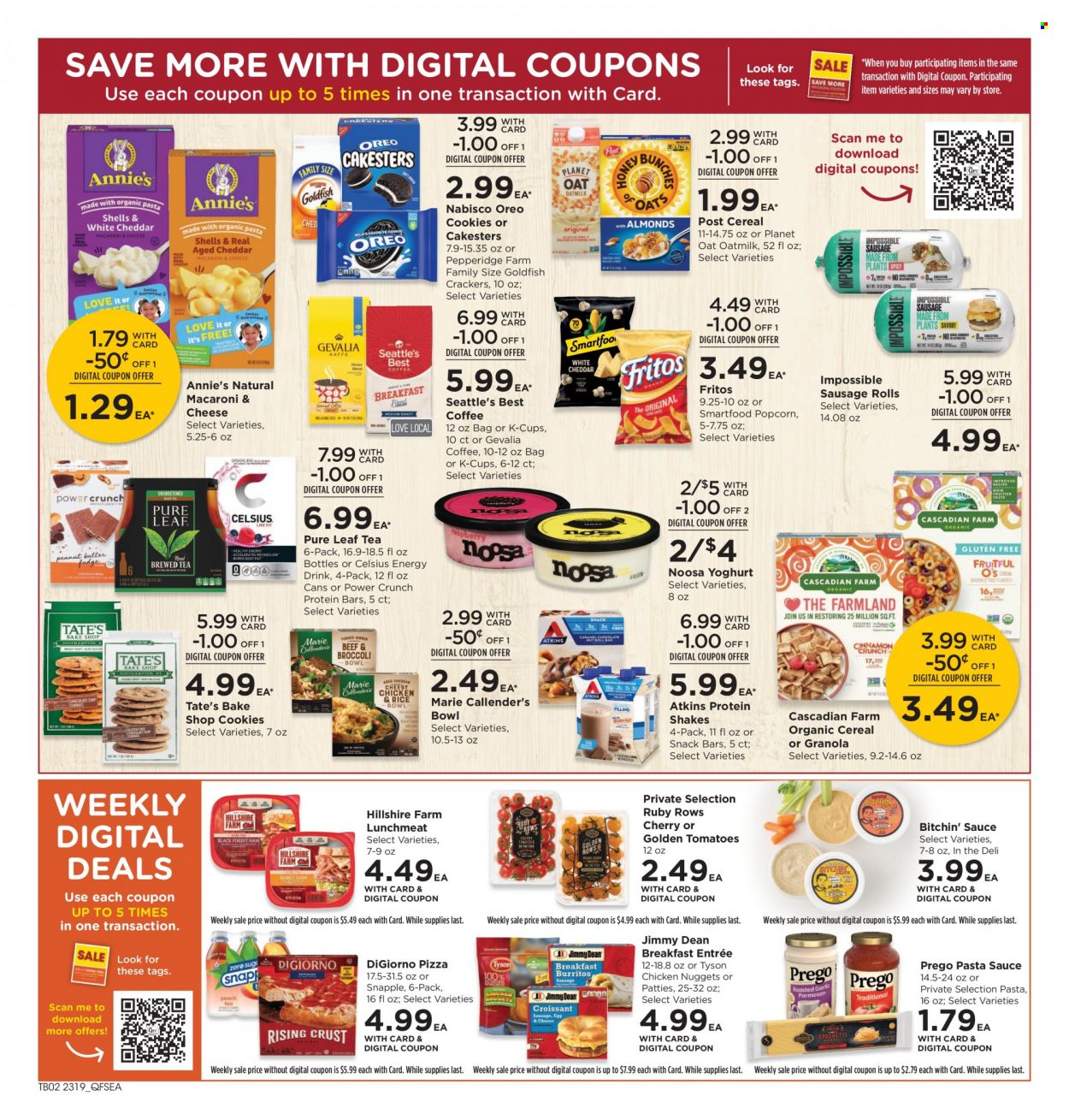 thumbnail - QFC Flyer - 06/07/2023 - 06/13/2023 - Sales products - sausage rolls, cherries, macaroni & cheese, pizza, pasta sauce, nuggets, sauce, chicken nuggets, Marie Callender's, Annie's, Jimmy Dean, Hillshire Farm, lunch meat, Oreo, yoghurt, protein drink, shake, oat milk, cookies, crackers, snack bar, Nabisco, Fritos, Smartfood, popcorn, Goldfish, salty snack, cereals, granola, protein bar, energy drink, fruit drink, ice tea, Snapple, Pure Leaf, coffee, coffee capsules, K-Cups, Gevalia, chicken, bowl. Page 2.