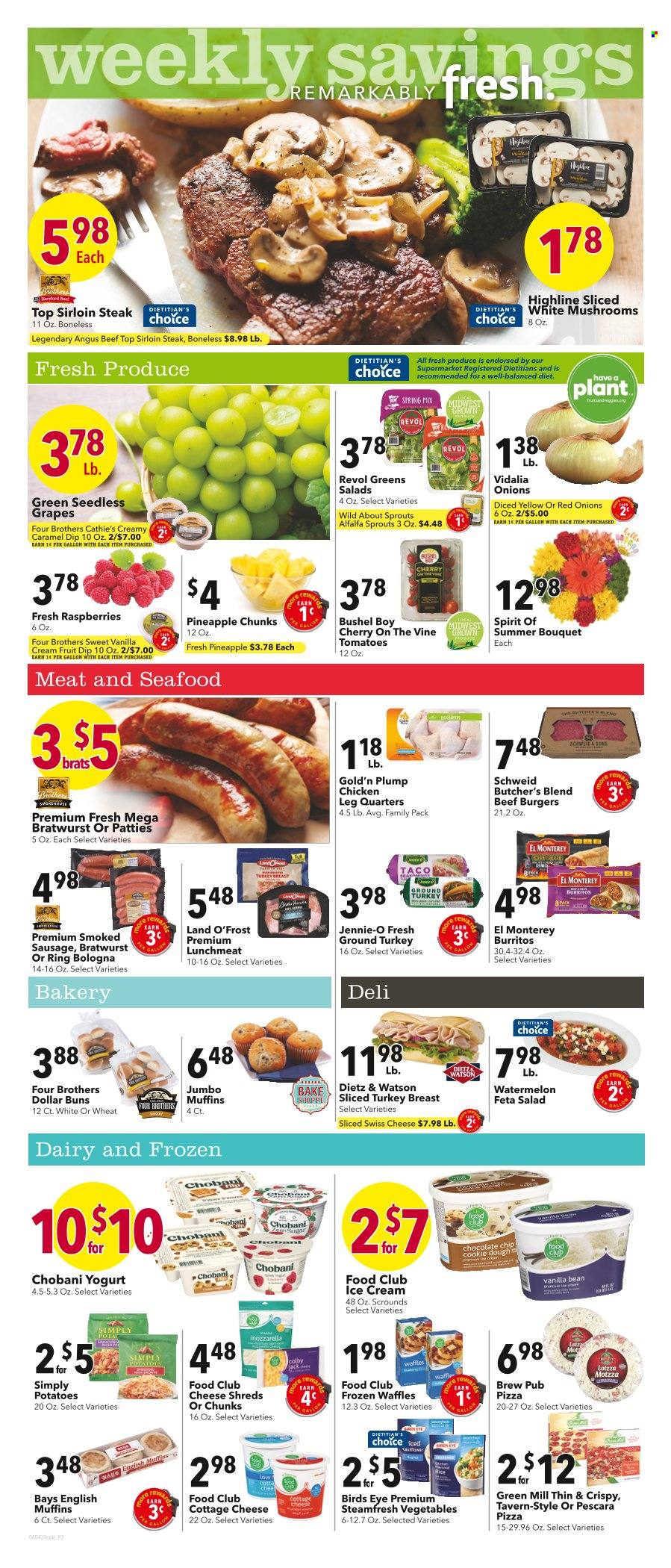 thumbnail - Coborn's Flyer - 06/07/2023 - 06/13/2023 - Sales products - mushrooms, english muffins, buns, waffles, red onions, potatoes, onion, salad, sliced vegetables, grapes, raspberries, seedless grapes, watermelon, pineapple, cherries, seafood, pizza, hamburger, Bird's Eye, burrito, beef burger, Four Brothers, sliced turkey, Dietz & Watson, bratwurst, sausage, smoked sausage, lunch meat, cottage cheese, swiss cheese, feta, Chobani, ice cream, chocolate chips, ground turkey, chicken, beef meat, beef sirloin, steak, sirloin steak, bouquet. Page 2.
