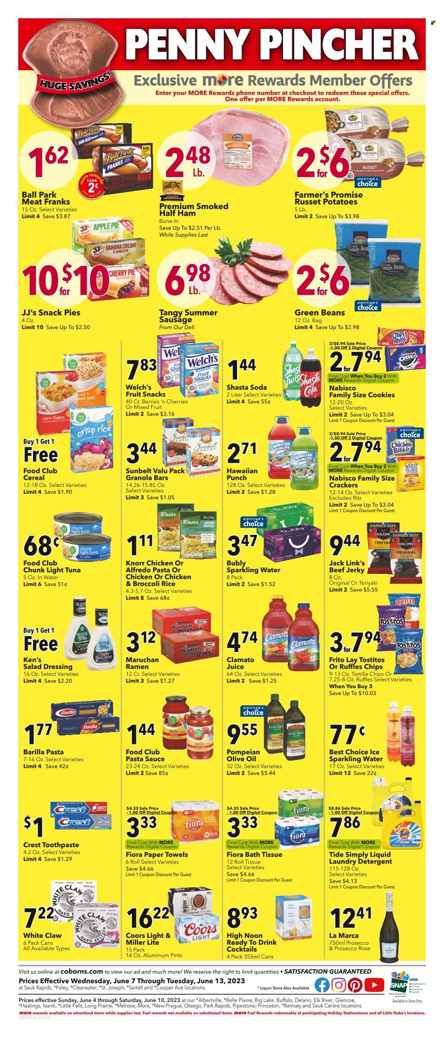 thumbnail - Coborn's Flyer - 06/07/2023 - 06/13/2023 - Sales products - pie, apple pie, beans, green beans, russet potatoes, potatoes, snack, Welch's, tuna, ramen, pasta sauce, instant noodles, Knorr, Barilla, beef jerky, half ham, ham, jerky, summer sausage, frankfurters, Melrose, snack bar, cookies, crackers, fruit snack, RITZ, Nabisco, breakfast bar, bars, tortilla chips, chips, Thins, Ruffles, Tostitos, Jack Link's, salty snack, oats, canned tuna, light tuna, canned fish, cereals, corn flakes, granola bar, salad dressing, dressing, olive oil, oil, tomato juice, juice, fruit drink, Clamato, cocktail, sparkling wine, prosecco, alcohol, liqueur, sake, BROTHERS, White Claw, Hard Seltzer, ready to drink spirits, beer, bath tissue, kitchen towels, paper towels, detergent, Tide, laundry detergent, toothpaste, Crest, Trust, Miller Lite, sauce, Coors. Page 4.